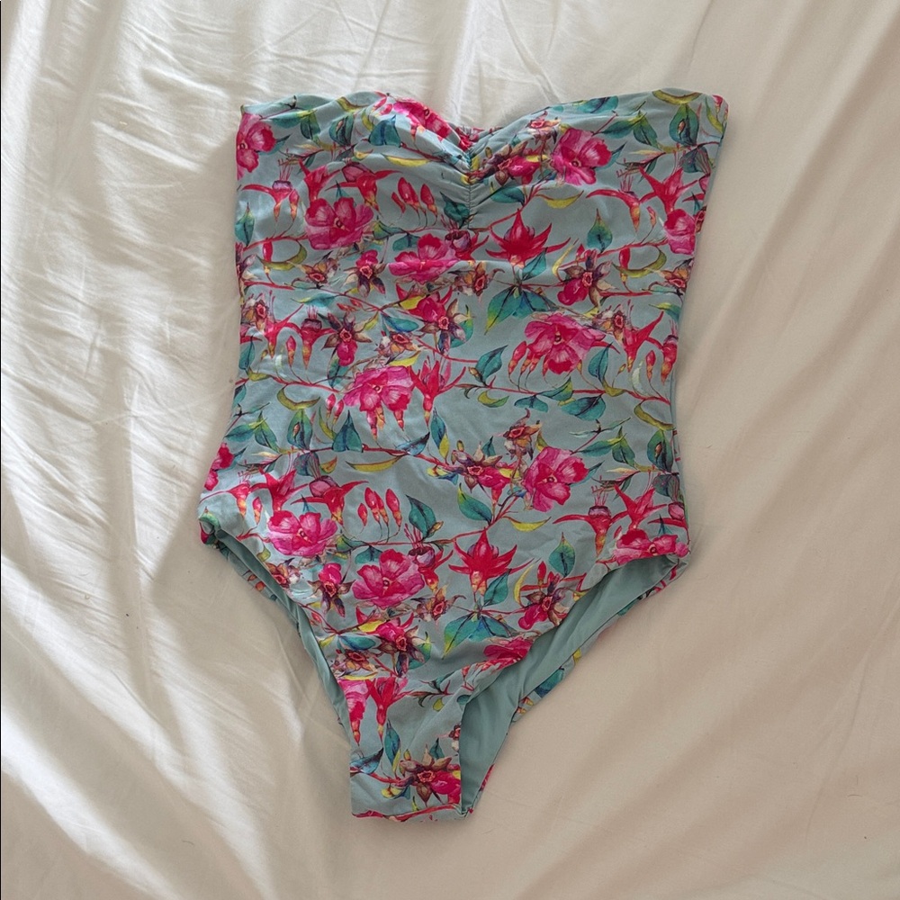 San Lorenzo Floral Strapless One-Piece Swimsuit in Aqua and Pink